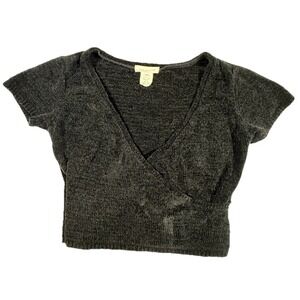 Y2K Urban Outfitters XS Black Surplice Chenille Sweater Wrap Crop Top Retro